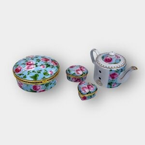 Sorelle Porcelain Rose Floral Trinket Box Set Blue Pink Gold Teapot Decor Piece‎